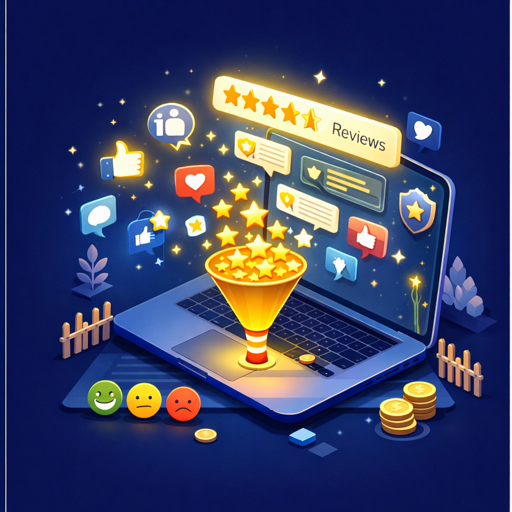 Glowing reviews and star filled funnel