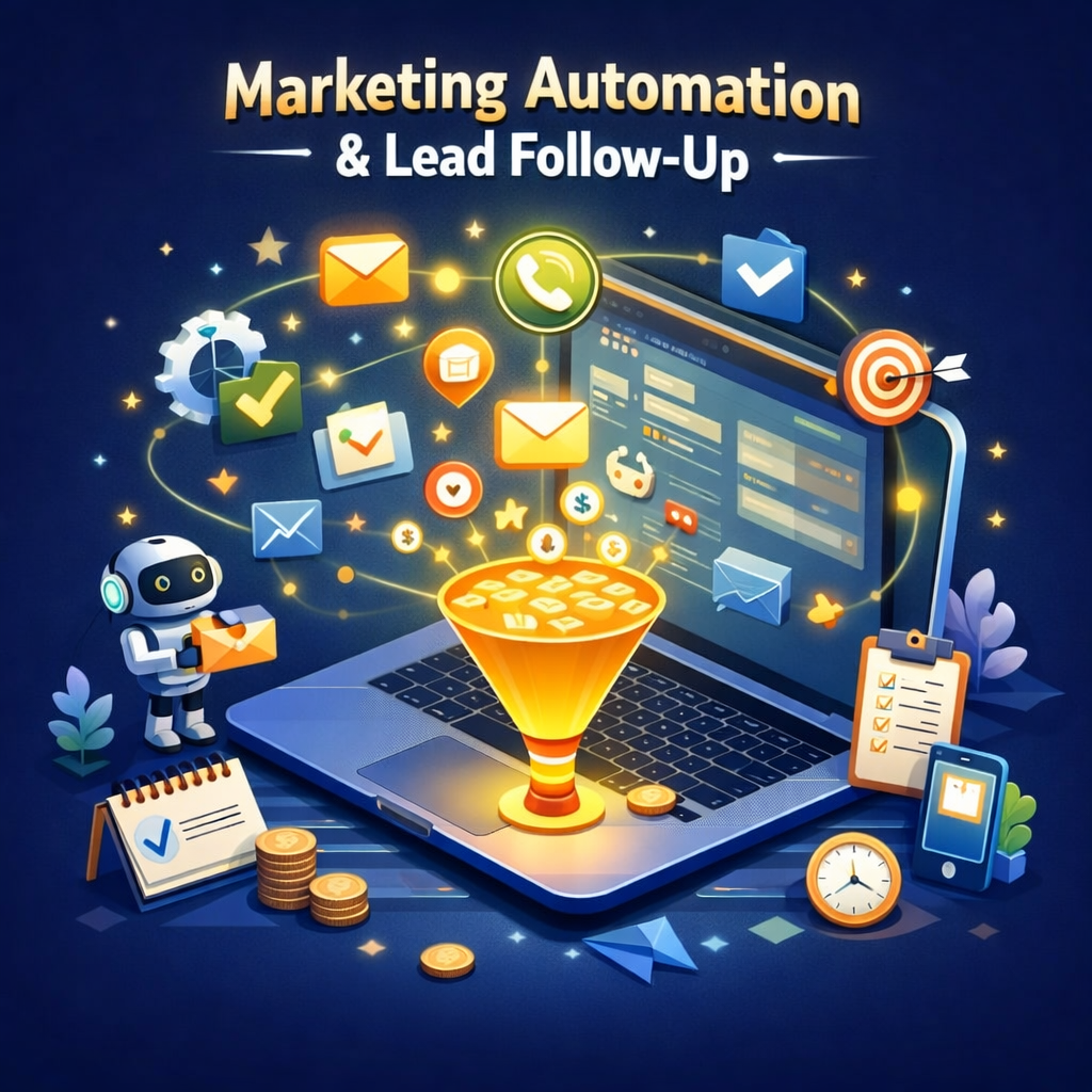 Isometric laptop with marketing automation funnel, analytics icons, and glowing digital elements for lead follow-up